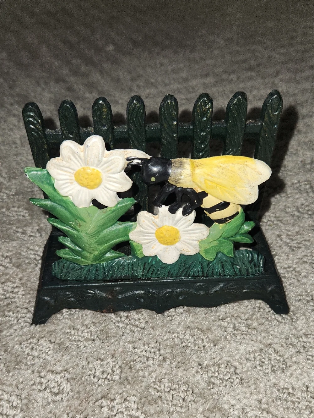 Cast Iron Bee on Daisy Fence Napkin Holder Letter Holder - Yellow, White, Green